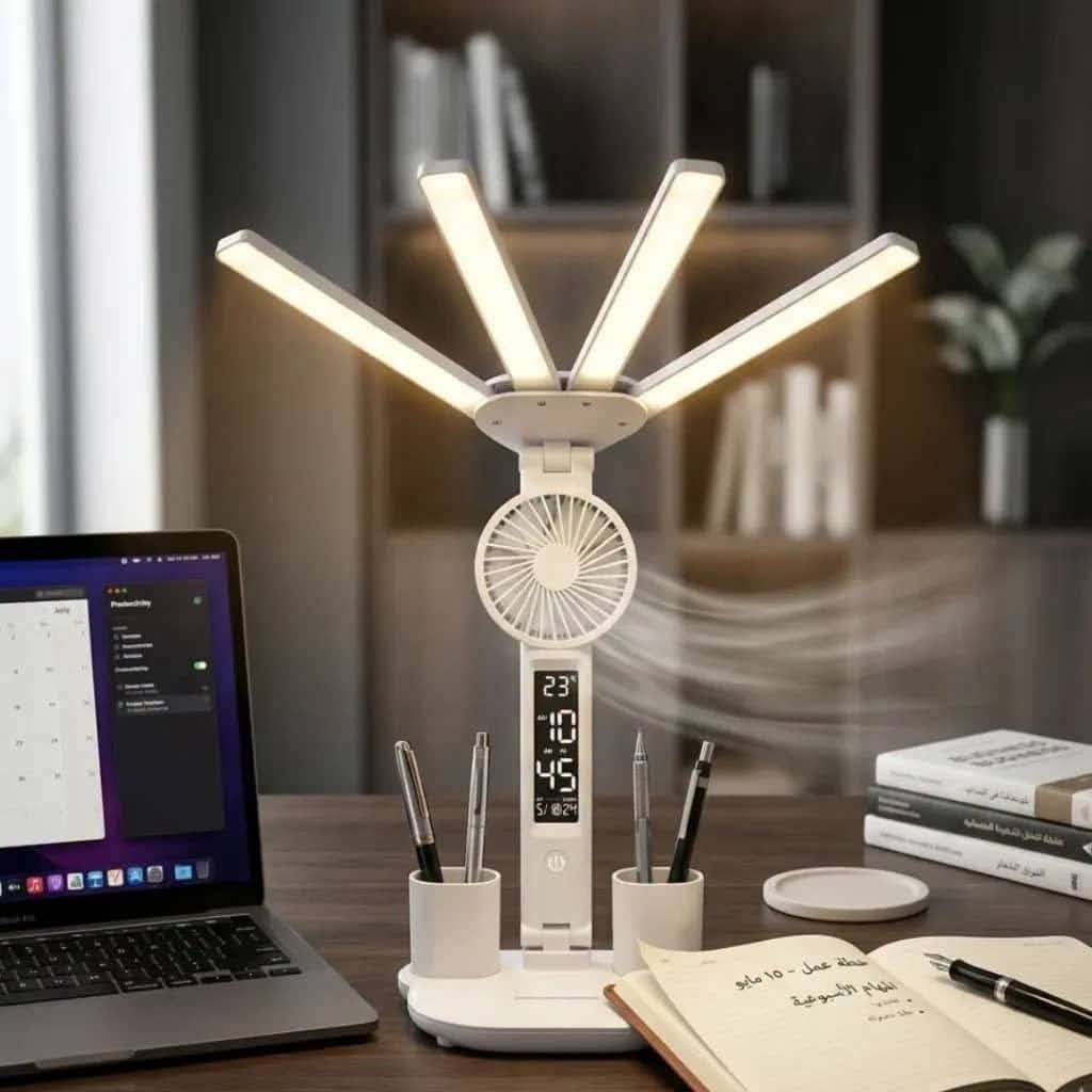 Lampe de bureau LED à 4 têtes avec ventilateur et Horloge