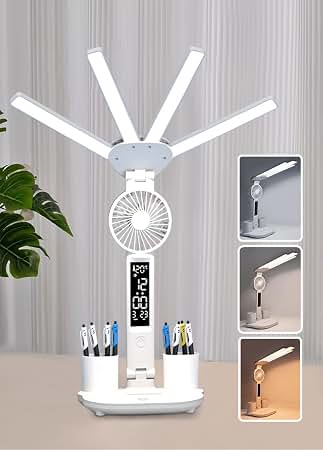 Lampe de bureau LED à 4 têtes avec ventilateur et Horloge